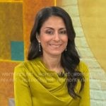 Celine Gounder’s chartreuse cowl neck dress on CBS Mornings