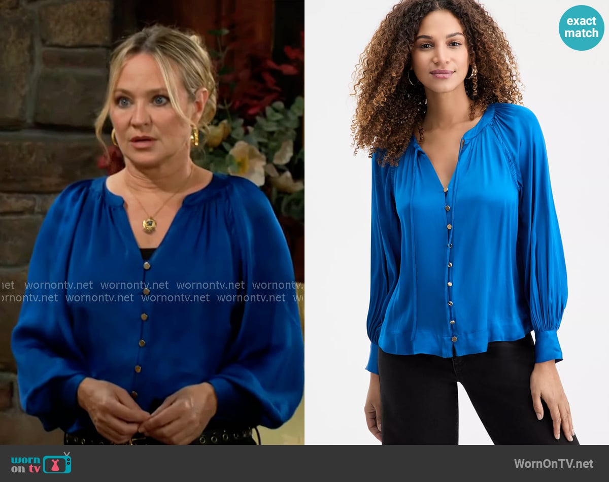 INC International Concepts Tie-Neck Puff-Sleeve Blouse worn by Sharon Newman (Sharon Case) on The Young and the Restless