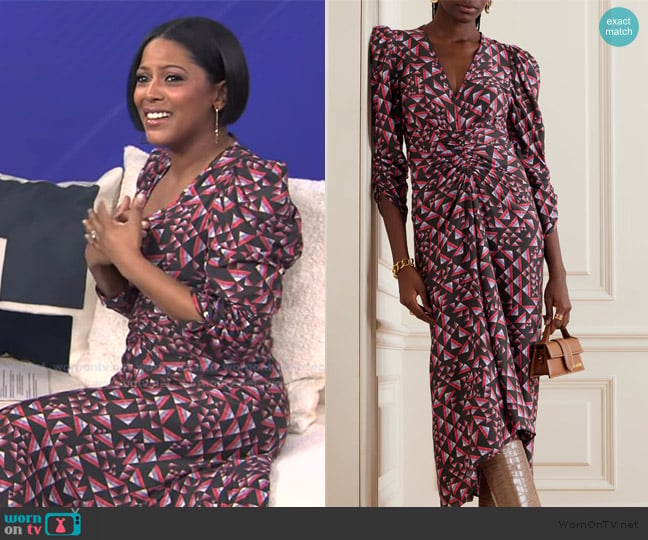 Isabel Marant Albini gathered printed voile midi dress worn by Tamron Hall on Tamron Hall Show