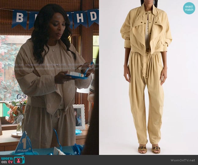 Isabel Marant Tricia Draped Bomber Jacket in Desert worn by Gabi Bond  (Tasha Smith) on 9-1-1