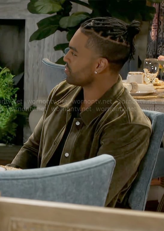 Izaiah’s olive velvet jacket on Beyond the Gates