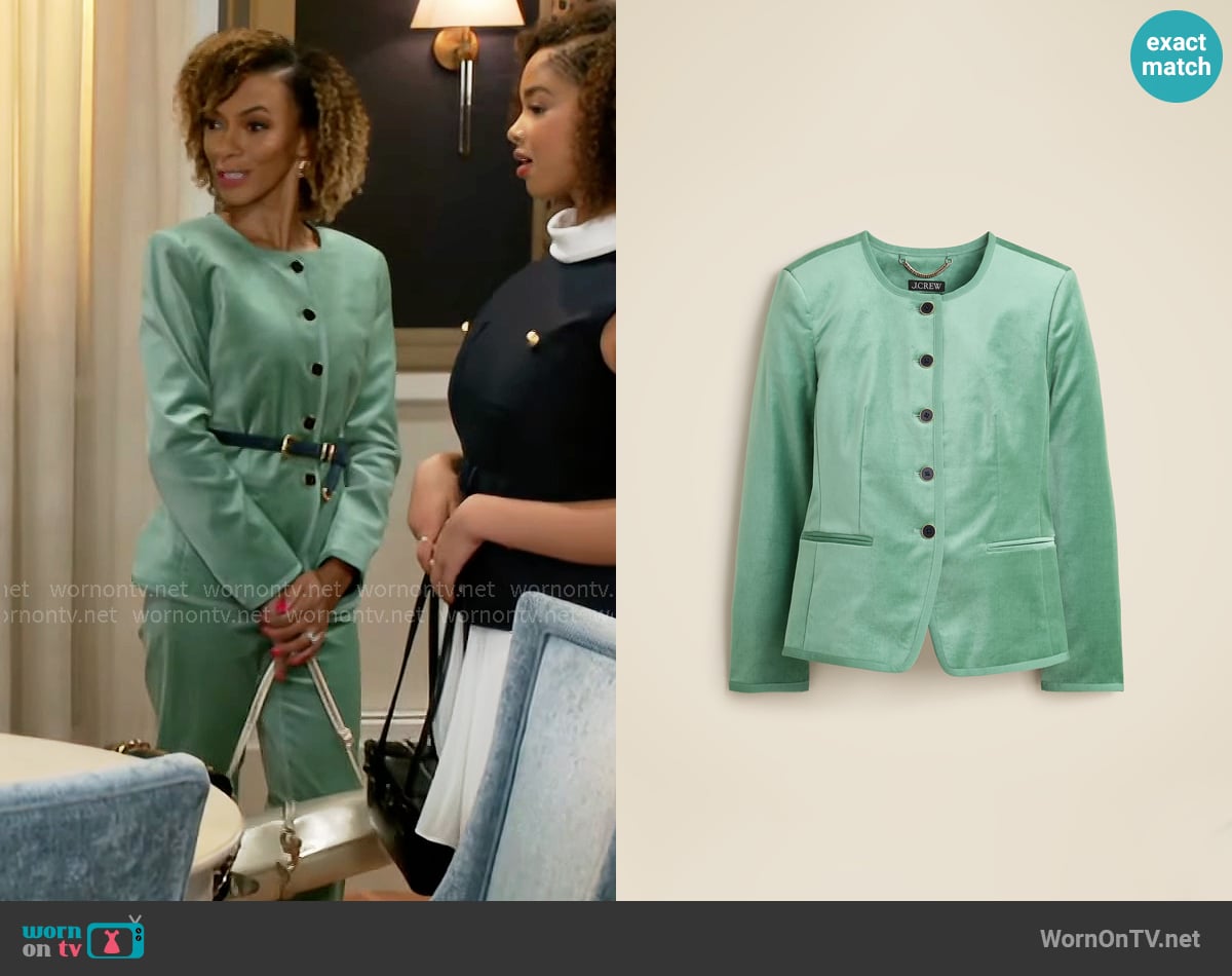 J. Crew Cora Lady Jacket in Stormy Jade worn by Anastasia Belleclaire (Timeca Seretti) on Beyond the Gates