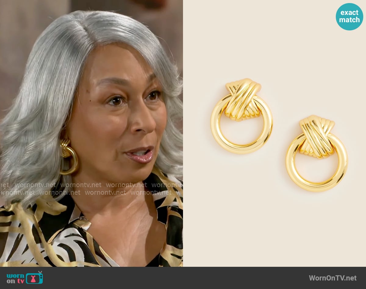 J. Crew Crisscross door knocker earrings worn by Anita Dupree (Tamara Tunie) on Beyond the Gates
