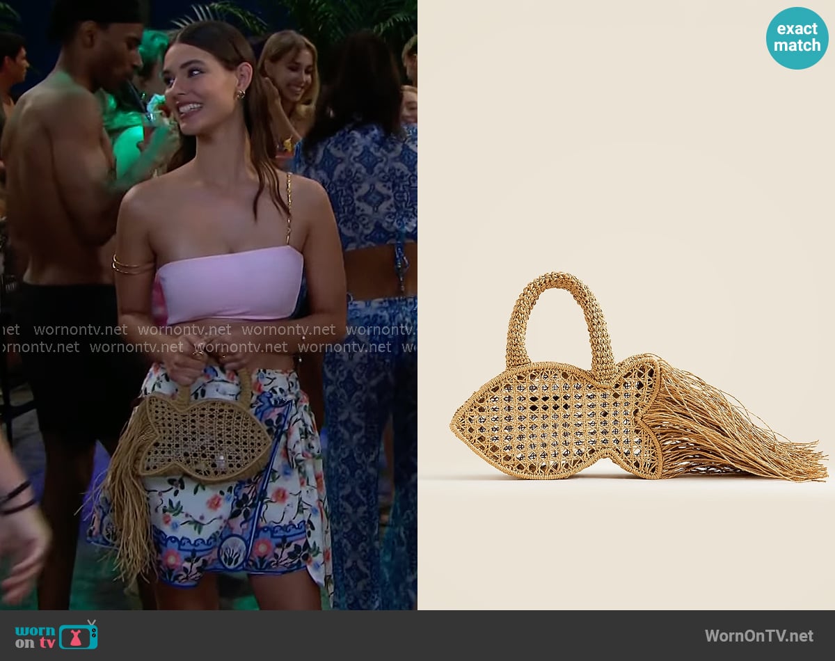J. Crew Handknotted raffia fish bag with straw fringe worn by Electra Forrester (Laneya Grace) on The Bold and the Beautiful