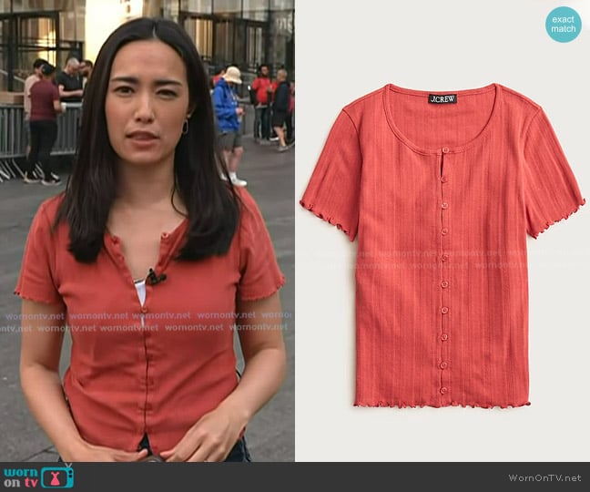J. Crew Pointelle Short-sleeve Knit Cardigan in Red Sand worn by Emilie Ikeda on Today