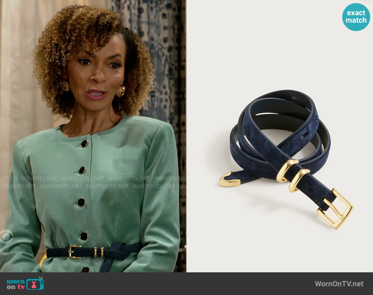 J. Crew Thin Suede Belt in Darkest Indigo worn by Anastasia Belleclaire (Timeca Seretti) on Beyond the Gates