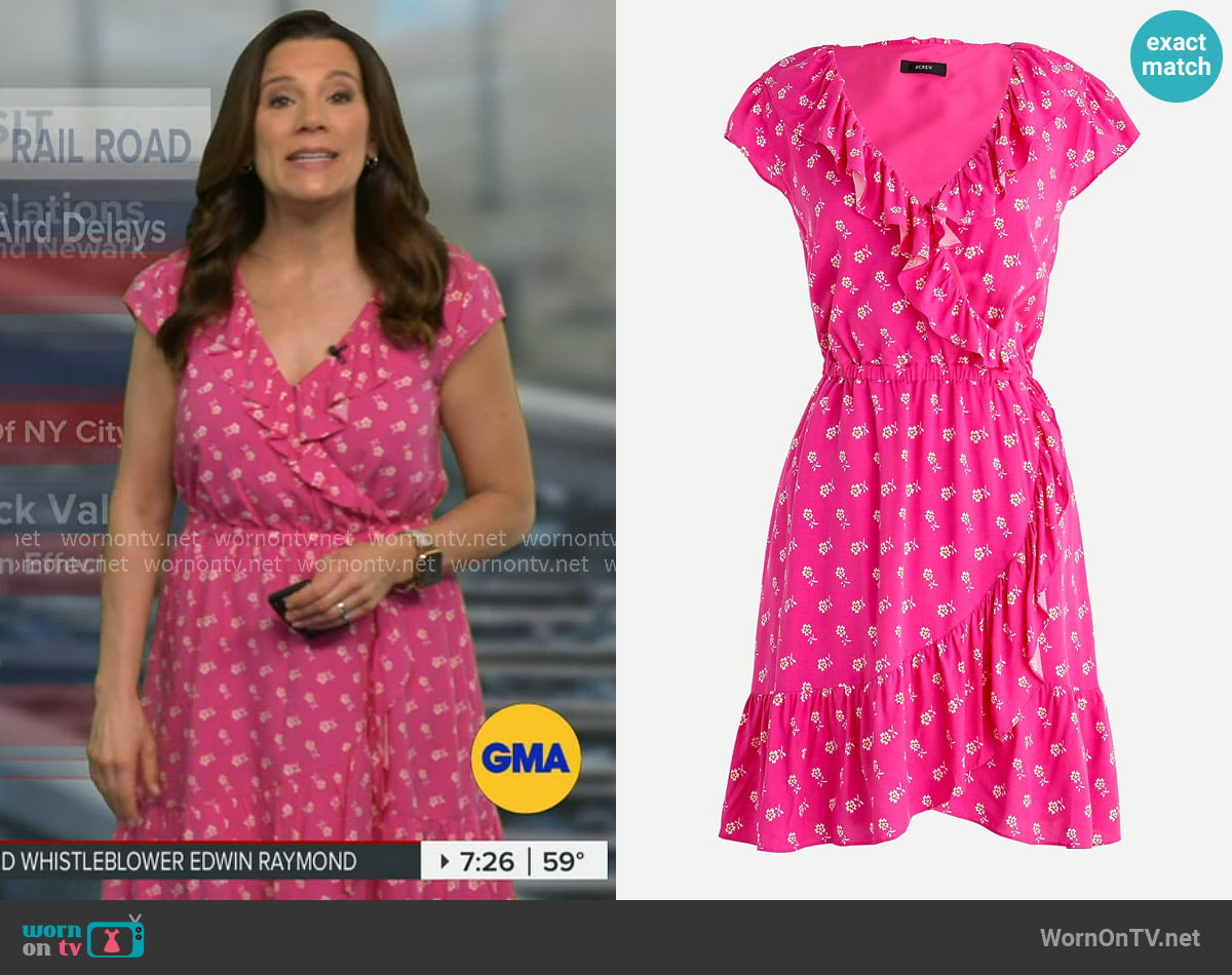 J. Crew V-neck Ruffle Dress in floral print worn by Heather O’Rourke on Good Morning America
