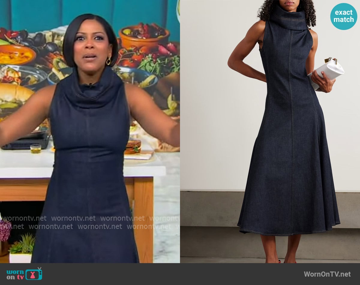 Jacquemus Triangle de-Nîmes denim turtleneck midi dress worn by Tamron Hall on Tamron Hall Show