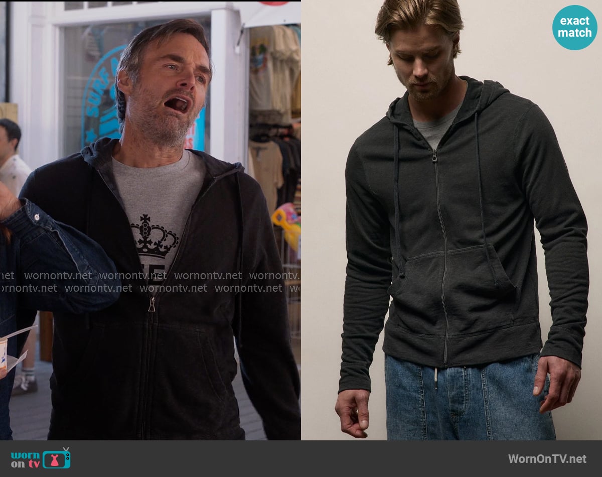 James Perse Vintage French Terry Zip Up Hoodie in Carbon Pigment worn by Jack (Will Forte) on The Four Seasons