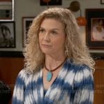 Jan’s blue tie dye blouse and turquoise necklace on Beyond the Gates