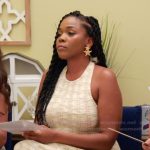 Jasmine’s beige check print dress on The Valley
