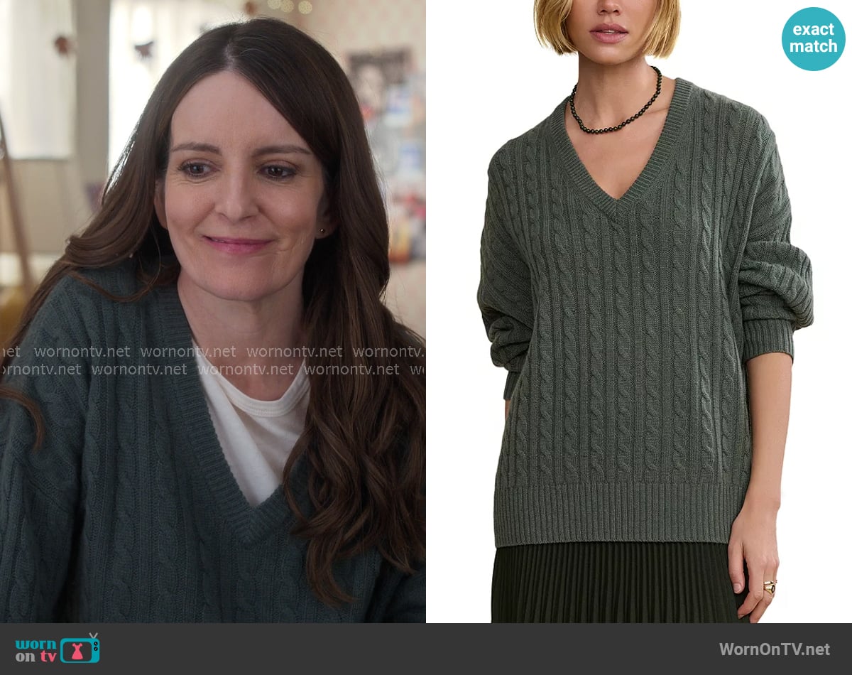 Jenni Kayne Nell V Neck Wool Cashmere Sweater in Pine worn by Kate (Tina Fey) on The Four Seasons