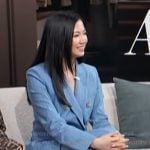 Jenny Wang's blue pinstripe blazer and pants on Access Hollywood
