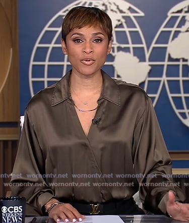 Jericka’s brown wrap shirt and leather belt on CBS Evening News