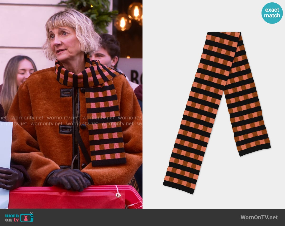 Jo Gordon Small Check & Stripe Scarf Plaster, Cumin, Black Stripe worn by Anne (Kerri Kenney) on The Four Seasons