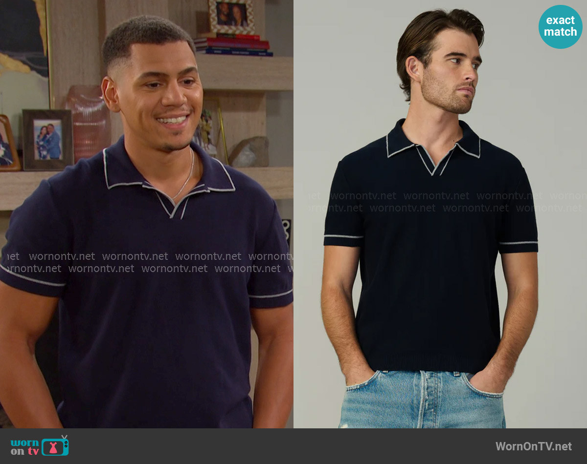 Joe's Jeans Jimmy Sweater Polo in True Navy worn by Theo Carver (Tyler Joseph Andrews) on Days of our Lives