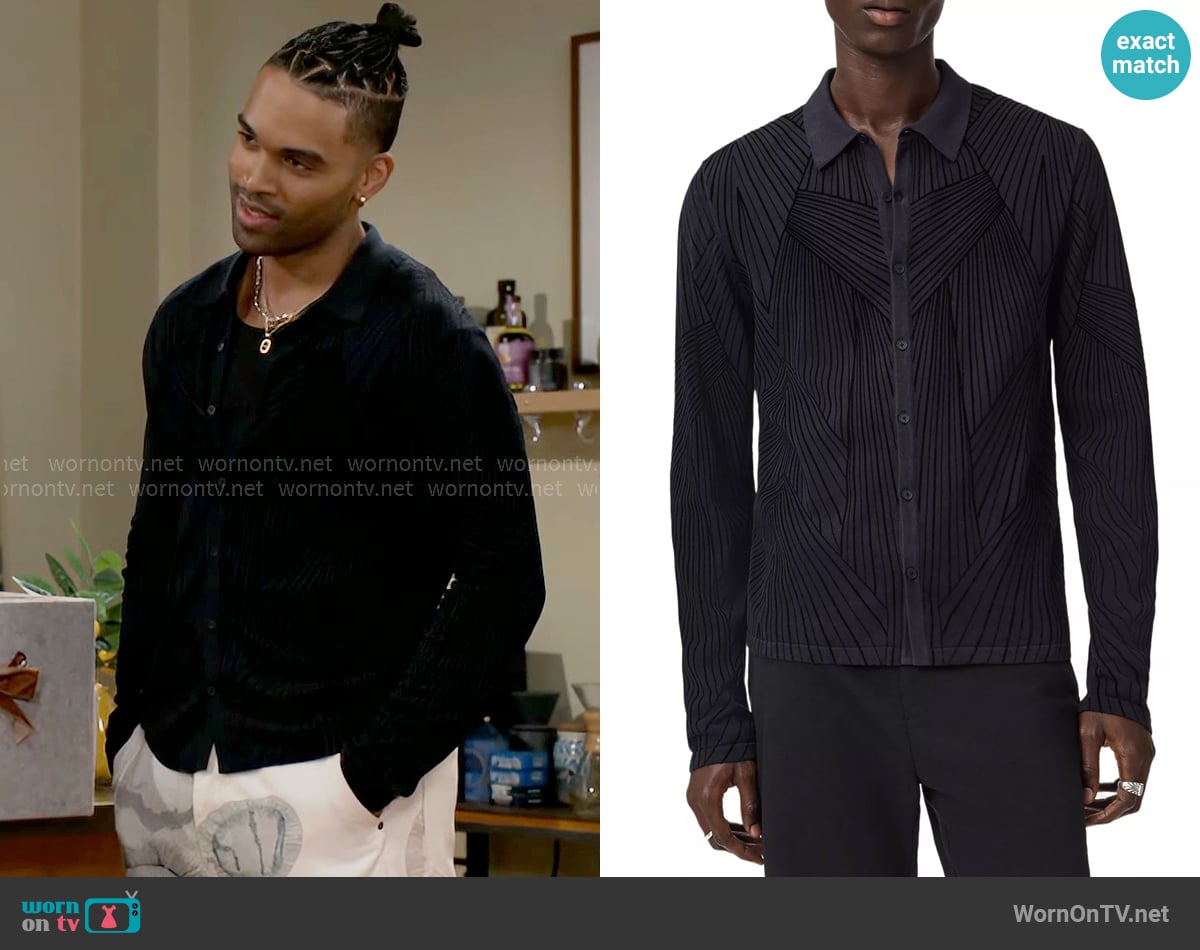 John Varvatos Dorian Button Front Sweater Shirt in Thistle worn by Izaiah Hawthorne (David Lami Friebe) on Beyond the Gates