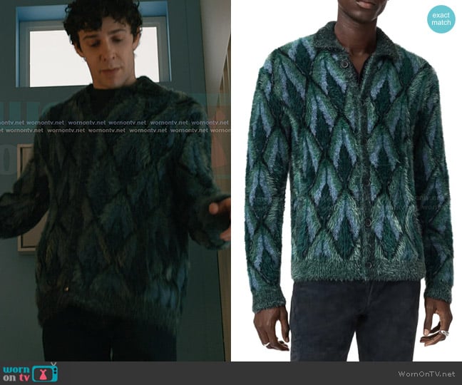 John Varvatos Fardella Abstract Fuzzy Cardigan in Peacock Blue worn by Teddy Tascioni (Ben Levi Ross) on Elsbeth
