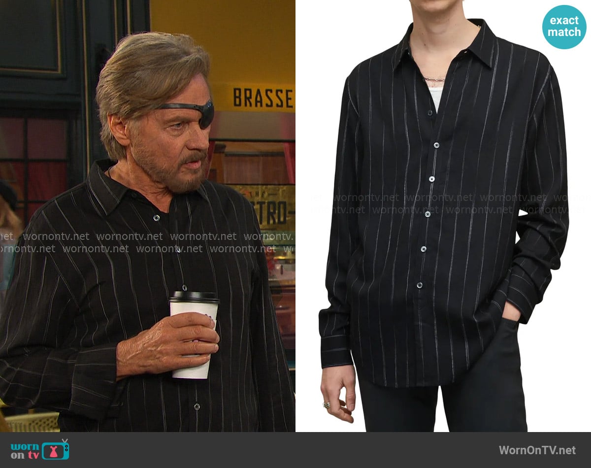 John Varvatos Nye Classic Fit Pinstripe Shirt in black worn by Steve (Stephen Nichols) on Days of our Lives
