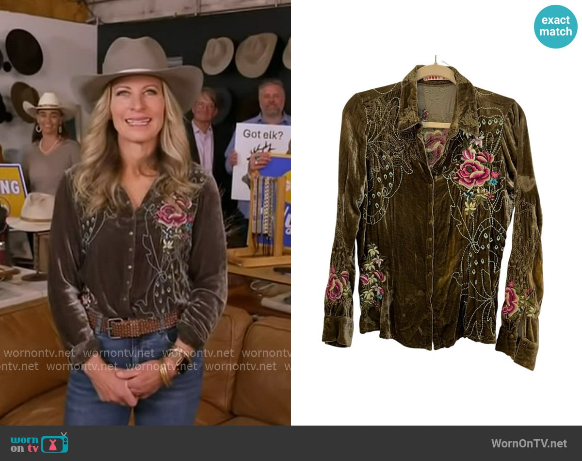 Johnny Was Green Embellished embroidered Long Sleeve Shirt worn by Becky Worley on Good Morning America