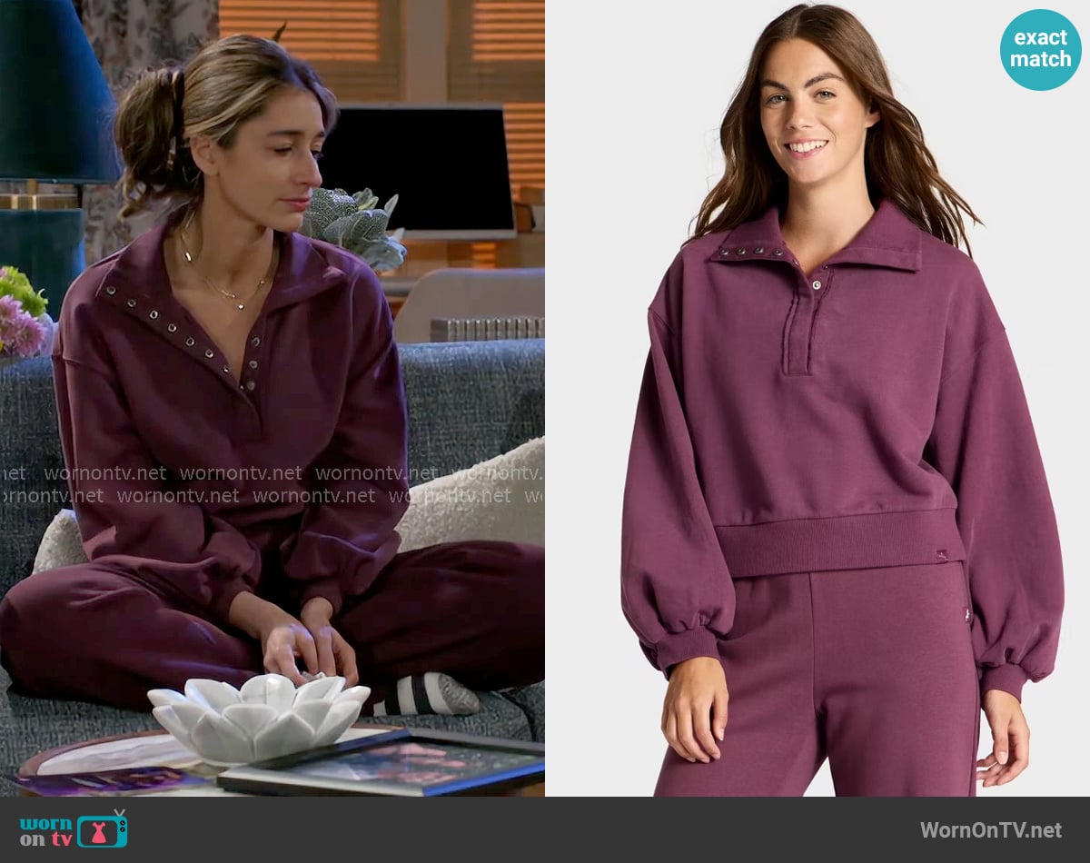 Joylab at Target Henley French Terry Sweatshirt in Plum worn by Ashley Morgan (Jen Jacob) on Beyond the Gates