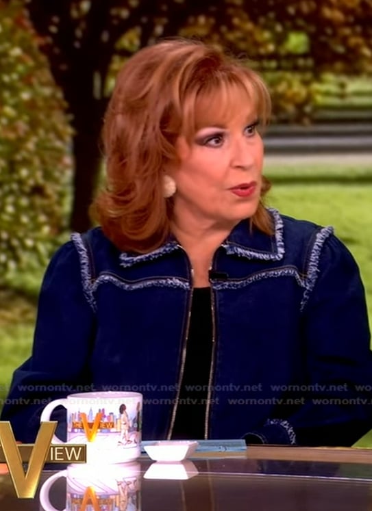 Joy’s blue denim fringe trim jacket on The View