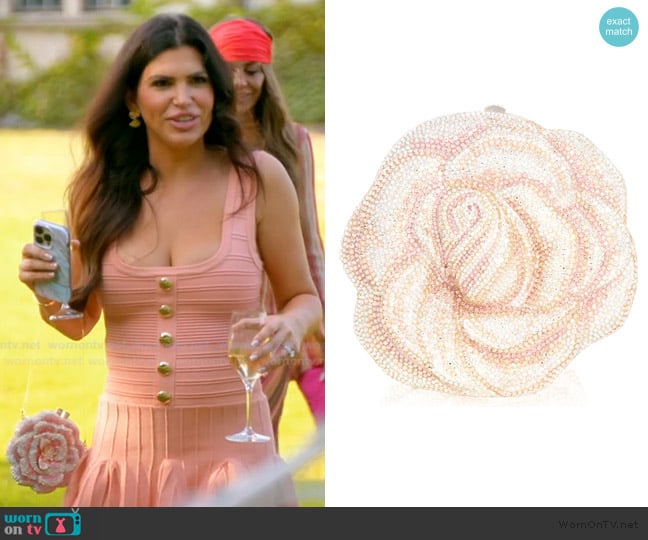 Judith Leiber Couture Rose Crystal Embellished Clutch worn by Jo-Ellen Tiberi on The Real Housewives of Rhode Island