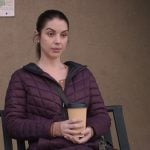 Jules’ purple quilted coat and green embroidered pants on Greys Anatomy