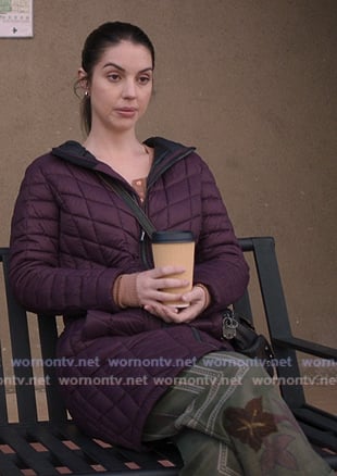 Jules’ purple quilted coat and green embroidered pants on Greys Anatomy