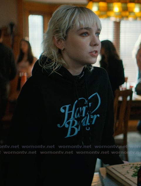 Jules’s black printed hoodie on Off Campus