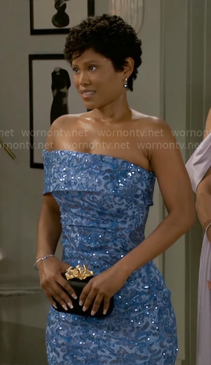 June’s blue floral gown on Beyond the Gates