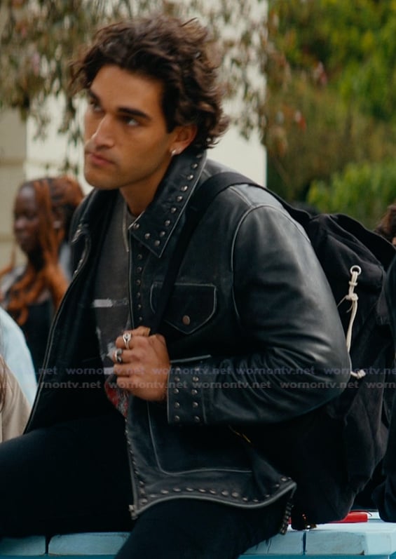 Justin’s black studded leather jacket on Off Campus
