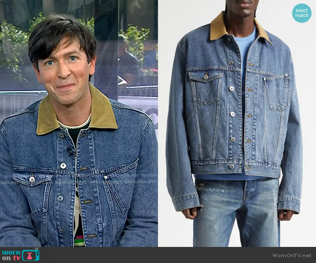JW Anderson Corduroy Collar Denim Trucker Jacket worn by Nicholas Braun on Today