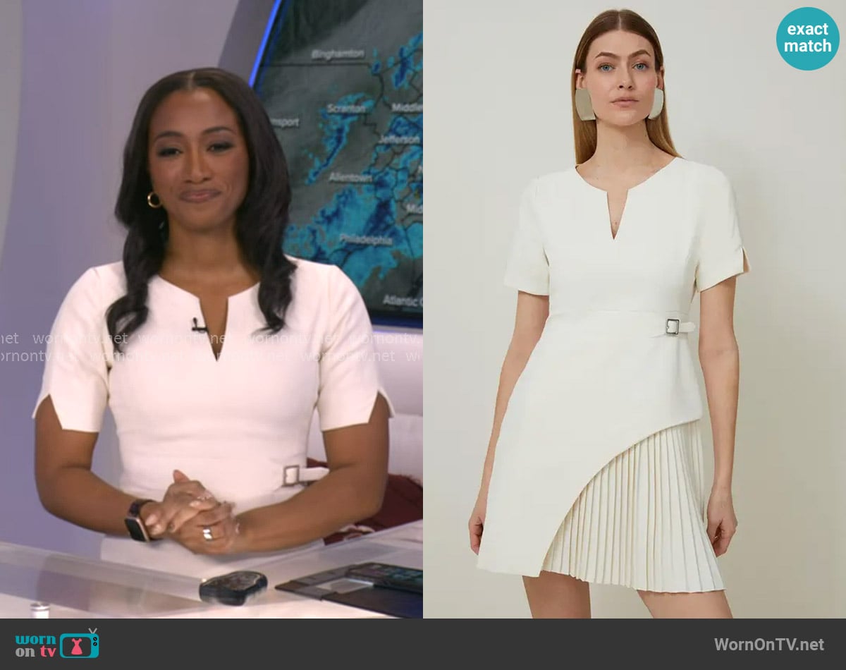Karen Millen Forever Tailored Military Pleat Short Sleeve Mini Dress in Ivory worn by Brittany Bell on Good Morning America