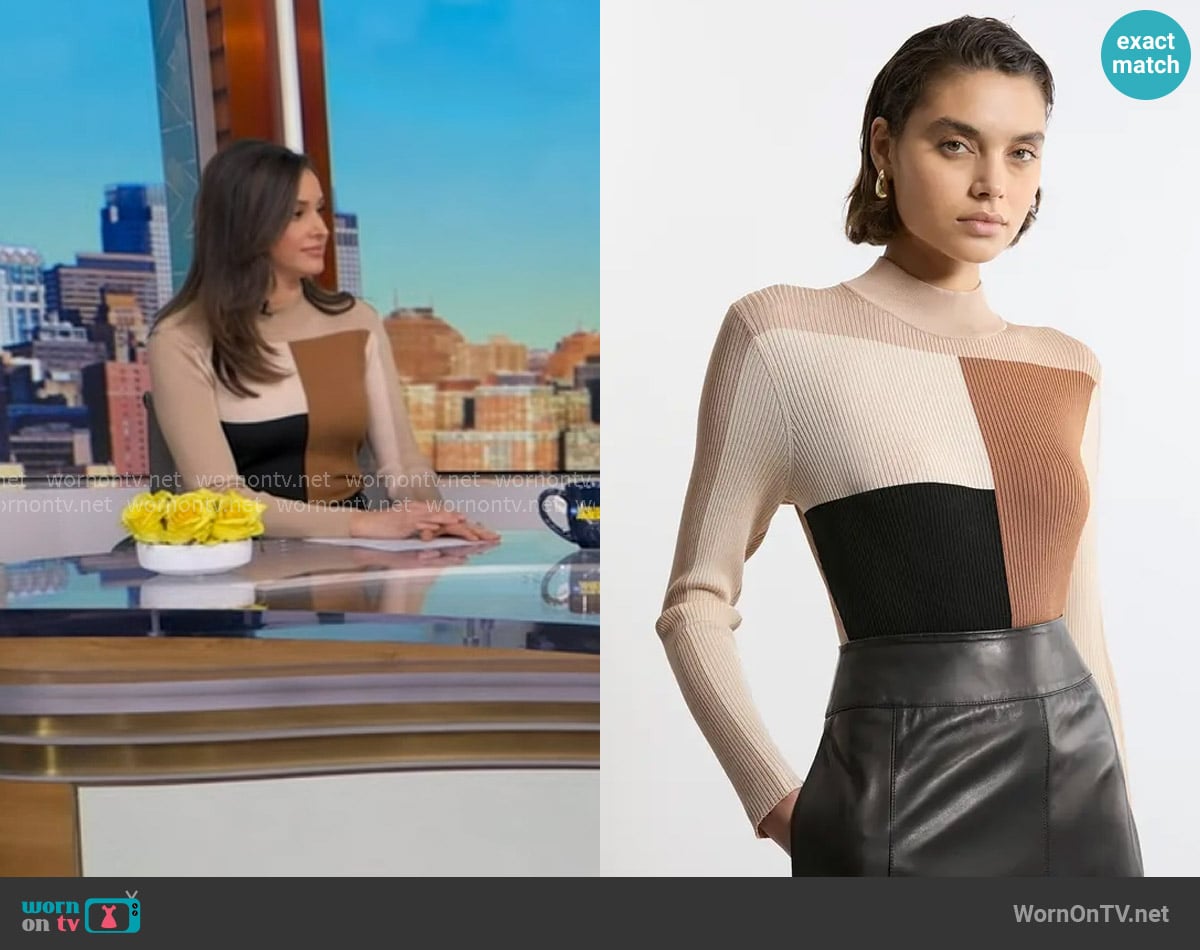 Karen Millen Slinky Rib Knit Colour Block Top in Neutral worn by Hanna Battah on Good Morning America