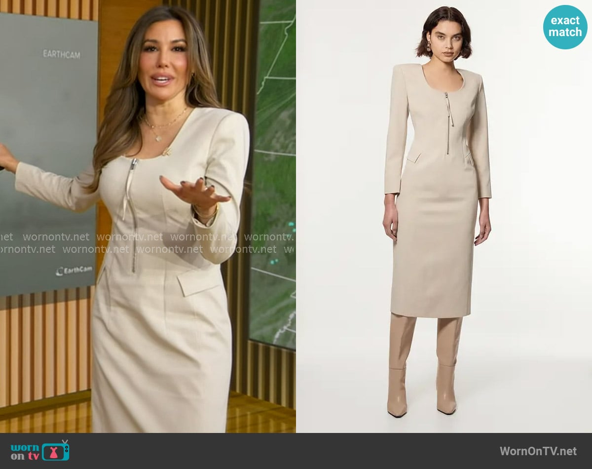 Karen Millen Tailored Viscose Zip Through Multi Stitch Midi Dress in Stone worn by Leslie Lopez on Good Morning America