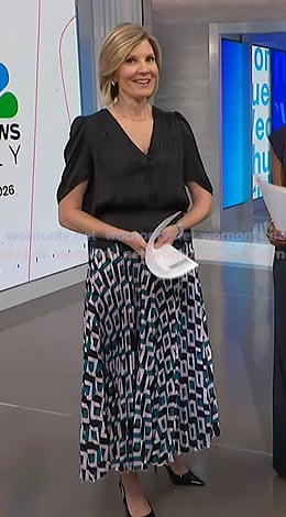 Kate’s black gathered top and geometric print skirt on NBC News Daily
