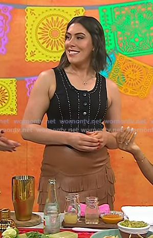 Katie Stilo’s black studded denim top and fringed skirt on Today