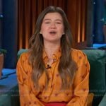 Kelly’s yellow floral print blouse on The Kelly Clarkson Show