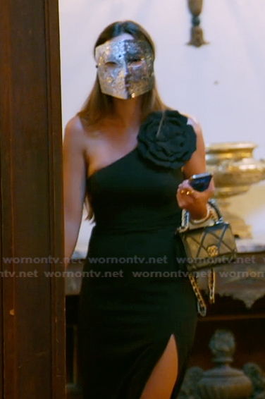 Kelsey’s black one shoulder rose applique dress on The Real Housewives of Rhode Island