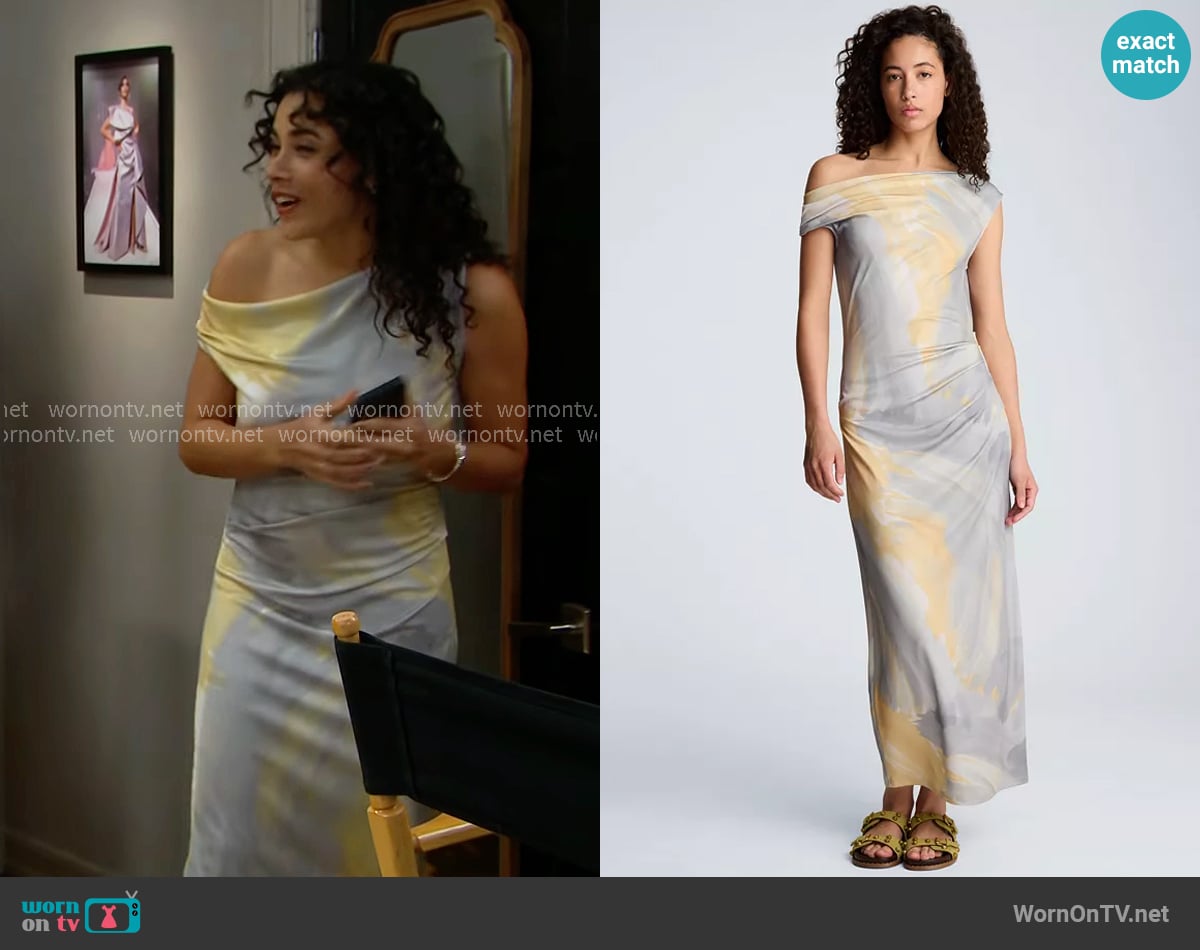 Kenneth Cole Off-The-Shoulder Ruched Waist Midi Dress worn by Daphne Rose (Murielle Hilaire) on The Bold and the Beautiful