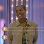Keyla Richardson’s beige embellished jacket and ruched pants on American Idol