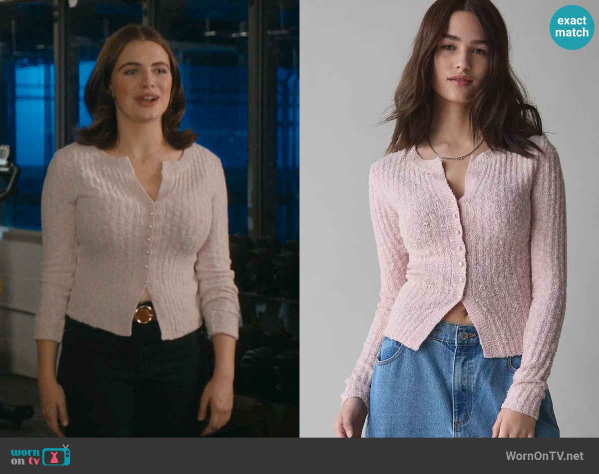 Kimchi Blue Rose Split Front Textured Knit Cardigan worn by Hannah Wells (Ella Bright) on Off Campus