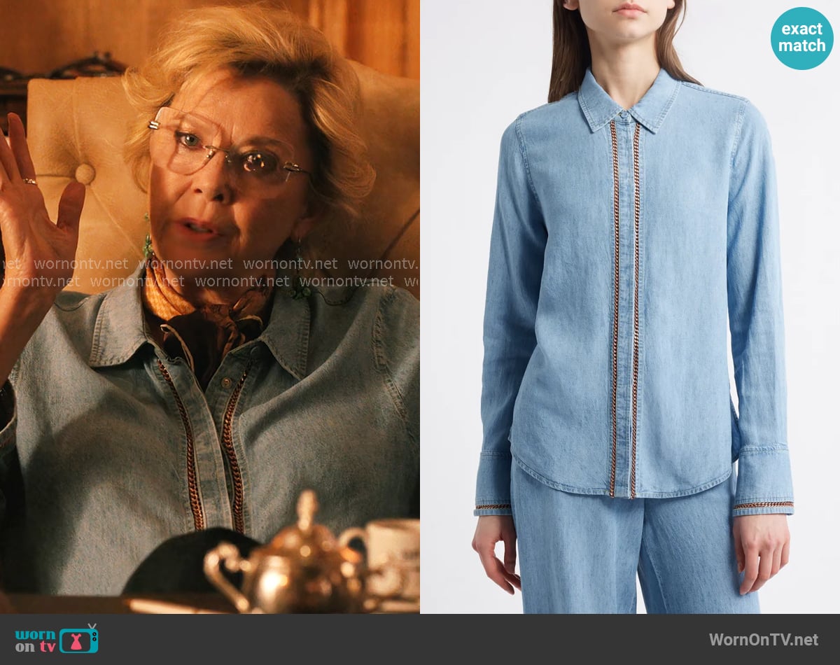 Beulah’s denim chain detail shirt on Dutton Ranch