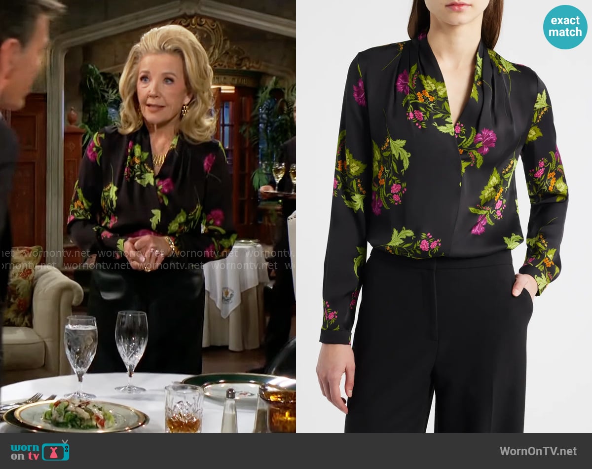 Kobi Halperin Palm Print Stretch Silk Top worn by Nikki Reed Newman (Melody Thomas-Scott) on The Young and the Restless