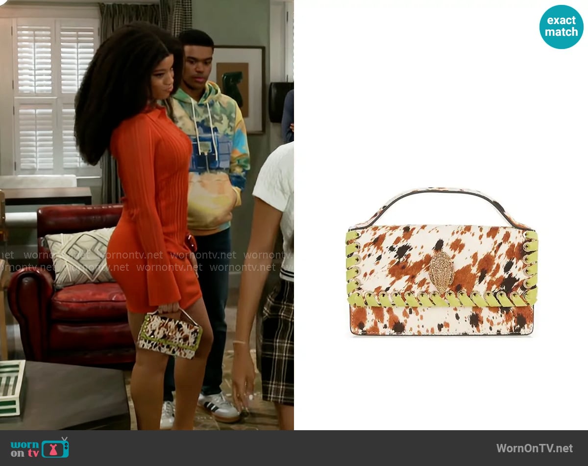 Kurt Geiger Small Bond Top Handle Cow Print Haircalf Satchel Bag worn by Eva Thomas (Ambyr Michelle) on Beyond the Gates