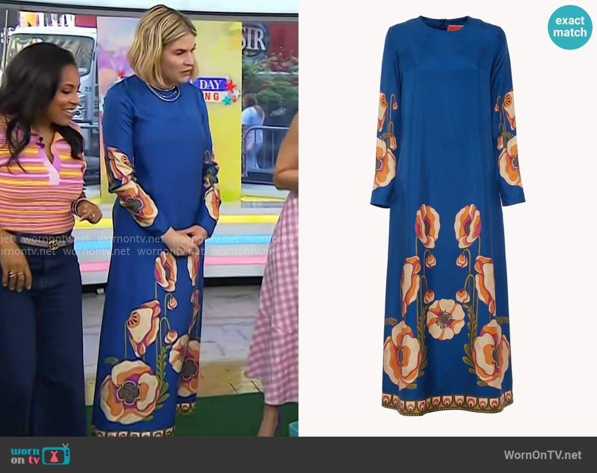 La DoubleJ Long Sleeve Swing Dress in Poppies Blue Placee worn by Jenna Bush Hager on Today