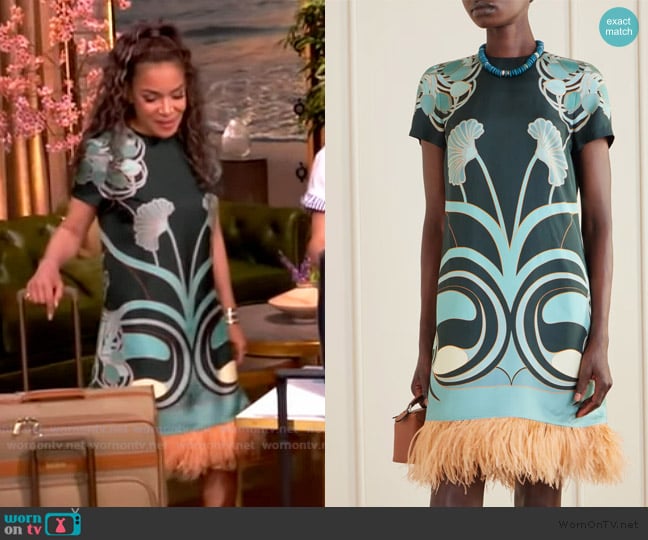 LA DoubleJ Swing printed feather-trimmed silk-twill mini dress worn by Sunny Hostin on The View