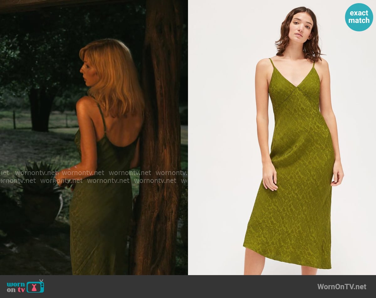 Lacausa Moonstone Slip Dress in Moss worn by Beth Dutton (Kelly Reilly) on Dutton Ranch