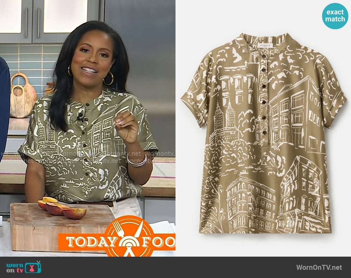 Lafayette 148 NY Landmarks Print Silk Twill Henley Blouse worn by Sheinelle Jones on Today